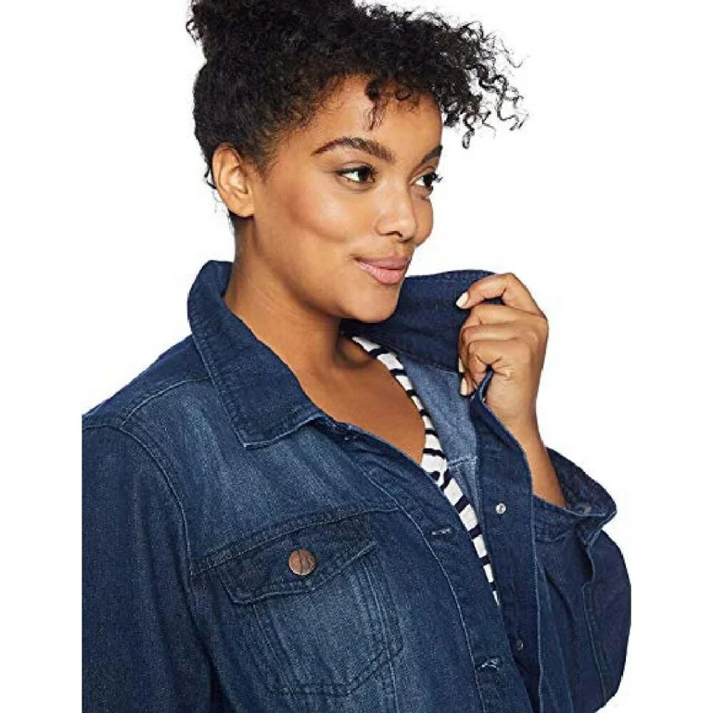 Plus Size Denim Jacket Regular Fit Button Pockets Casual Wear